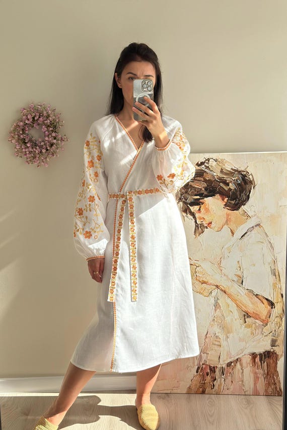 Handmade Ukrainian Embroidered Linen Dress – Boho Chic Vyshyvanka, Ethnic Fashion, Puff Sleeves, Folk Style, Perfect for Special Occasions