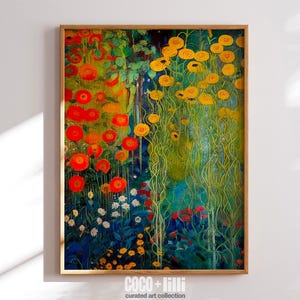 Gustav Klimt, impression de fleurs sauvages, peinture de jardin de fleurs, peinture à l'huile sombre, impression d'artiste célèbre, oeuvre d'art originale de Gustav Klimt, impression florale, art mural de fleurs