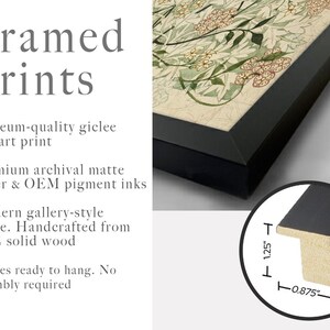 May include: A framed print featuring a botanical illustration with green leaves and tan flowers in a black wooden frame. A circular inset shows the frame profile with a height of 1.25 inches and a width of 0.875 inches. Text includes Framed Prints.
