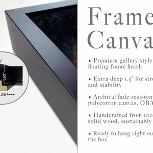 May include: A black floating frame holding a canvas. A circular inset shows a cross-section of the frame with measurements: 1.4 cm, 4.78 cm, 3.81 cm, and 2.49 cm. Text reads: Framed Canvas, Premium gallery-style floating frame finish, Extra deep 3.81 cm for strength and stability, Archival fade-resistant polycotton canvas, OBA-free, Handcrafted from 100% solid wood, sustainably sourced, Ready to hang right out of the box.
