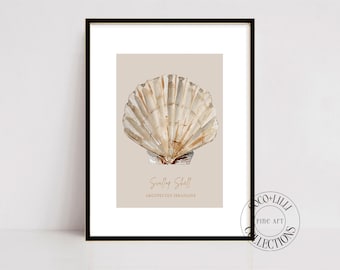 Watercolor Scallop Shell Print, Vintage Seashell Art, Coastal Beach House Decor