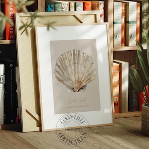 Watercolor Scallop Shell Print, Coastal Beach House Art