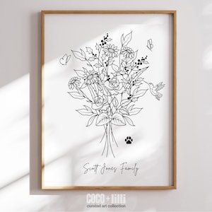 Birth Flower Family Bouquet Custom Line Art Drawing Gift For Great Grandmas Garden Personalized Black And White Line Art Birth Month Flower
