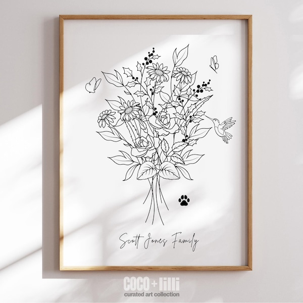 Birth Flower Bouquet Custom Family Line Art Print: Personalized Gift