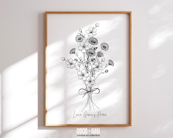 Birth Flower Family Bouquet Custom Line Art Drawing Custom Birth Month Flower Bouquet Print Black And White Line Art Birth Month Flower Art