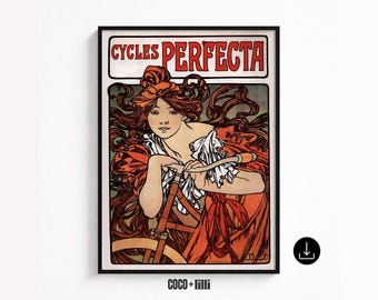 Cycles Perfecta posterprint • Alphonse Mucha art nouveau muurkunst • Vintage fietsadvertentie