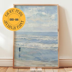 Serene Beach Landscape Wall Art Print, Coastal Oil Painting For Pastel Beach House Decor, Light Blue Seaside Picture