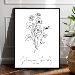 Birth Flower Family Bouquet Custom Line Art Drawing Gift For Great Grandmas Garden Personalized Anniversary Wall Art Gift For Moms Birthday