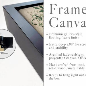 May include: A black floating frame holding a canvas with a botanical print. A circular inset shows a cross-section of the frame with measurements of 0.55 inches, 1.50 inches, 1.88 inches, and 0.98 inches. Text reads: Framed Canvas, Premium gallery-style floating frame finish, Extra deep 1.88 inches for strength and stability, Archival fade-resistant polycotton canvas, OBA-free, Handcrafted from 100 percent solid wood, sustainably sourced, Ready to hang right out of the box.