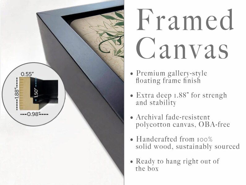 May include: A black floating frame holding a canvas with a botanical print. A circular inset shows a cross-section of the frame with measurements of 0.55 inches, 1.50 inches, 1.88 inches, and 0.98 inches. Text reads: Framed Canvas, Premium gallery-style floating frame finish, Extra deep 1.88 inches for strength and stability, Archival fade-resistant polycotton canvas, OBA-free, Handcrafted from 100 percent solid wood, sustainably sourced, Ready to hang right out of the box.