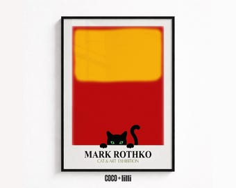 May include: A framed art print featuring a large yellow rectangle over a red background. A black cat with green eyes peeks over the bottom edge. The text reads MARK ROTHKO CAT & ART EXHIBITION in black and gold lettering on a white border.