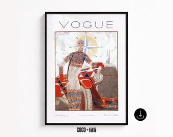 Vintage Vogue-omslagprint • Art Deco Fashion-poster • Illustratie antieke auto (digitale download)