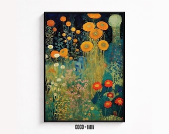 May include: A framed rectangular wall art print featuring a dense garden scene with large orange flowers, smaller white blossoms, and red blooms set against a dark blue and green background. The text COCO + lilli is printed at the bottom center.