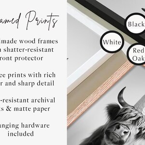 May include: Framed prints with handmade wood frames, shatter-resistant front protector, Giclee prints with rich color and sharp detail, fade-resistant archival inks, and matte paper. Available in black, white, and red oak frames.