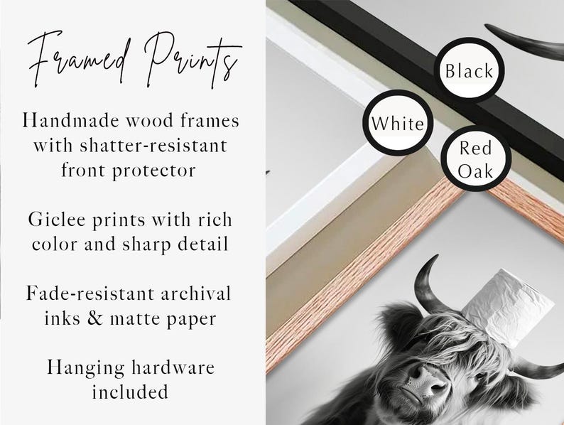 May include: Framed prints with handmade wood frames, shatter-resistant front protector, Giclee prints with rich color and sharp detail, fade-resistant archival inks, and matte paper. Available in black, white, and red oak frames.
