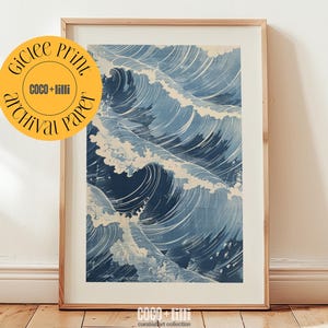 Light Blue Waves Art Print, Retro Nautical Poster Print, Abstract Coastal Wall Art, Cute Fisherman Aesthetic, Coastal Cowgirl Decor