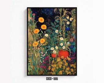 May include: A framed rectangular art print featuring a dark, starry night sky backdrop behind a vibrant garden scene. The composition includes bright orange circular flowers, white daisies, green foliage, and red round fruits, with COCO + lilli text.