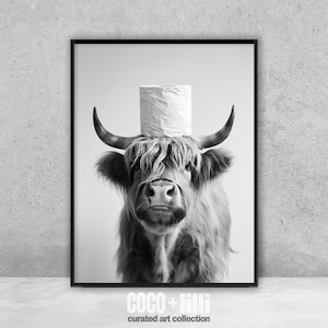 Funny Highland Cow Bathroom Print, Modern Farmhouse Animal Wall Art, Guest Powder Room Decor