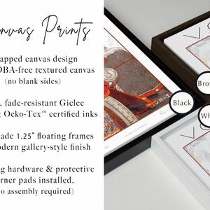 Op de afbeelding: Drie canvas prints met mode-illustraties en de tekst VOGUE, elk gemonteerd in een zwevende lijst van 3,18 cm. De lijsten zijn verkrijgbaar in bruine, zwarte en witte afwerkingen, met een textuurrijk canvasoppervlak en Gicl&eacute;e-printkwaliteit.