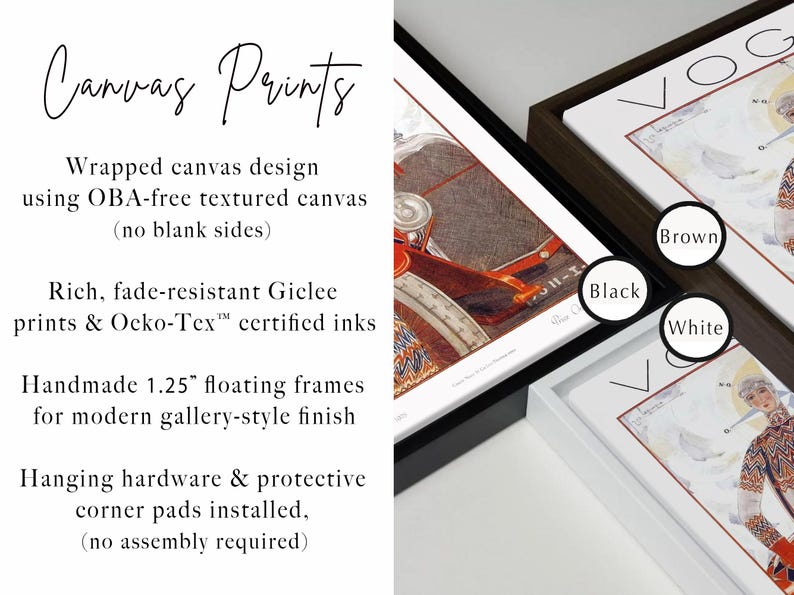 Op de afbeelding: Drie canvas prints met mode-illustraties en de tekst VOGUE, elk gemonteerd in een zwevende lijst van 3,18 cm. De lijsten zijn verkrijgbaar in bruine, zwarte en witte afwerkingen, met een textuurrijk canvasoppervlak en Gicl&eacute;e-printkwaliteit.