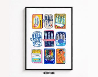 Sardines Print: Mediterranean Food Art, Tinned Fish Art, Coastal Kitchen Decor