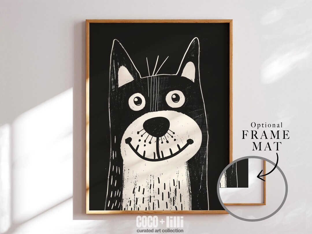 Cute Dog Portrait Black and White Dog Print Cartoon Dog Drawing Fun ...