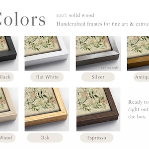May include: A collection of seven solid wood frames for fine art and canvas, displayed in Matte Black, Flat White, Silver, Antique Gold, Maple Wood, Oak, and Espresso finishes. Each frame holds a canvas with a botanical print of green leaves.