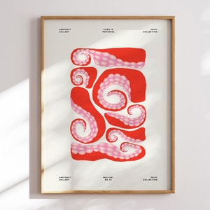Vibrant Red Octopus Art Print, Culinary Seafood Kitchen Wall Decor, Foodie Illustration Home Decor