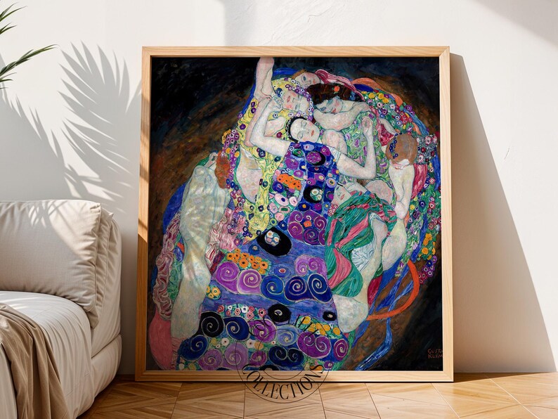 May include: A framed art print featuring Gustav Klimt's The Virgin, depicting a group of intertwined figures in a dreamlike composition. The artwork uses a rich palette of deep blues, purples, greens, and gold, with intricate floral and spiral patterns.