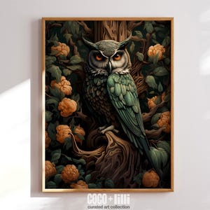 Vintage Owl Wildlife Poster, William Morris Dark Botanical Print, Gothic Maximalist Wall Art