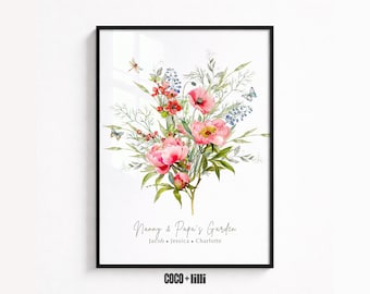 Bouquet de fleurs personnalisé pour le mois de naissance, impression d'art aquarelle famille