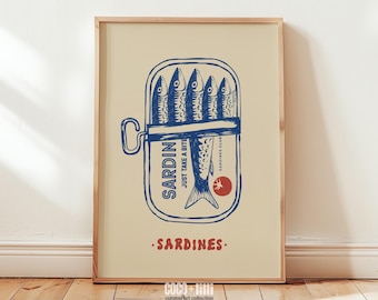 Blue Sardine Tin Art Print, Italian Kitchen Decor