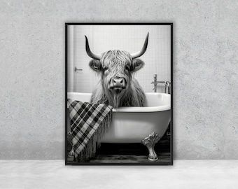 Highland Cow in Bathtub Print: Farmhouse Bathroom Wall Art