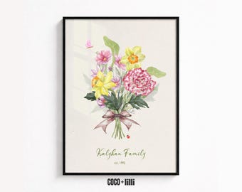 Custom Vintage Birth Flower Bouquet Print • Personalized Family Floral Wall Art