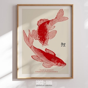 Red Koi Fish Print, Japanese Print Koi Fish Painting, Japandi Koi Art Print, Symbolic Koi Fish Art, Positivity Koi Fish Decor