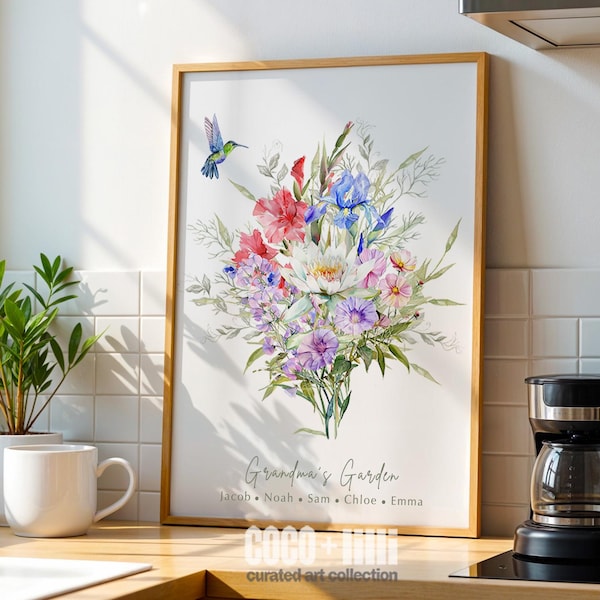 Estampado de flores de nacimiento del jardín de la abuela • Ramo familiar personalizado • Flores del mes de nacimiento con nombres