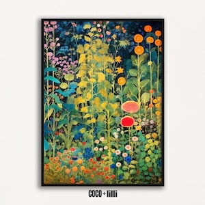 Gustav Klimt Flowers, Dark Night Garden Print, Vintage Floral Wall Art