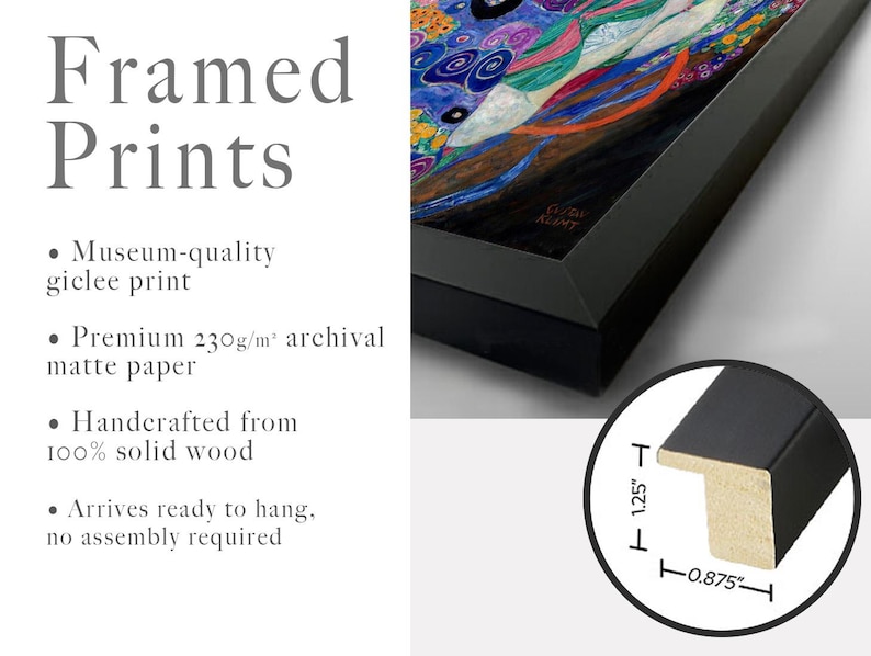 May include: A framed giclee print featuring a colourful abstract painting in a black solid wood frame. The frame profile measures 1.25 inches in height and 0.875 inches in width. Text on the image reads Framed Prints, Museum-quality giclee print, Premium 230g/m2 archival matte paper, Handcrafted from 100% solid wood, Arrives ready to hang, no assembly required.