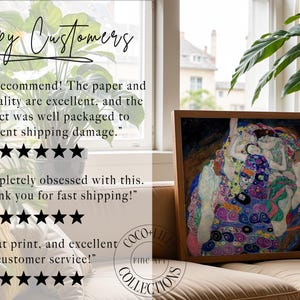May include: A framed art print featuring a reproduction of Gustav Klimt's The Virgin, displayed on a beige sofa. The image includes customer review text: Happy Customers, Highly recommend! The paper and print quality are excellent, and the product was well packaged to prevent shipping damage. I am completely obsessed with this. And thank you for fast shipping! Great print, and excellent customer service! Five star ratings are shown below each review.