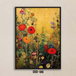 Gustav Klimt Poppies Print, Vintage Botanical Wall Art, Flower Garden Painting
