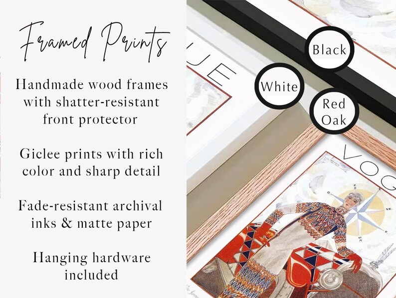 Op de afbeelding: Ingelijste prints met handgemaakte houten lijsten in zwart, wit en rood eiken. De prints gebruiken giclee-inkt op mat papier met scherpe details. Tekst bevat: Framed Prints, Handmade wood frames with shatter-resistant front protector, Giclee prints with rich color and sharp detail, Fade-resistant archival inks & matte paper, Hanging hardware included, Black, White, Red Oak.