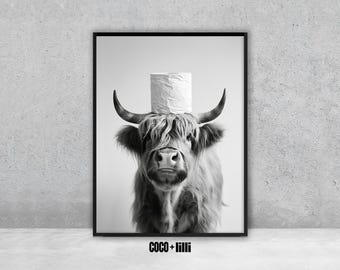 Funny Highland Cow Print • Toilet Paper Cow Wall Art • Quirky Animal Poster