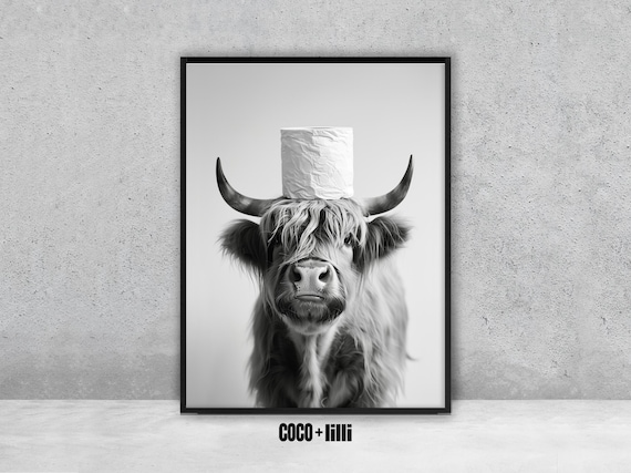 Funny Highland Cow Print • Toilet Paper Cow Wall Art • Quirky Animal Poster