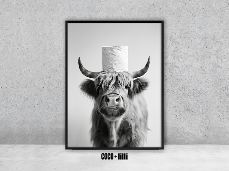 May include: Black and white framed print featuring a Highland cow with a roll of toilet paper balanced on its head. The cow has long, shaggy fur and large horns. The text "COCO + lilli" is at the bottom.