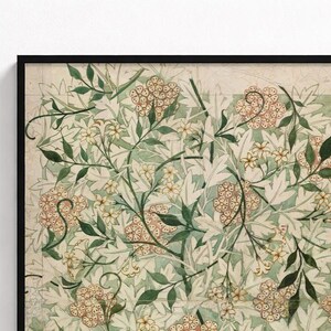 May include: A framed botanical illustration featuring a dense pattern of pale green leaves, winding dark green stems, and clusters of small, light pink and yellow flowers. The artwork is set against a light cream background with visible grid lines.