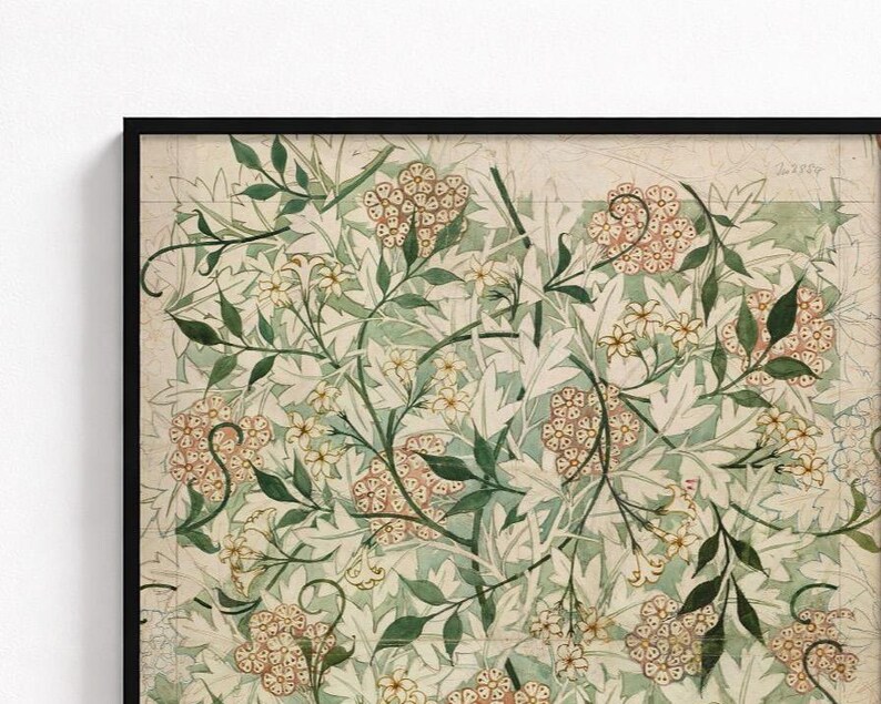 May include: A framed botanical illustration featuring a dense pattern of pale green leaves, winding dark green stems, and clusters of small, light pink and yellow flowers. The artwork is set against a light cream background with visible grid lines.