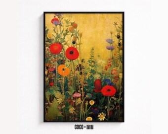 Gustav Klimt Botanical Wall Art • Vintage Wildflower Meadow Print • Poppies Floral Decor