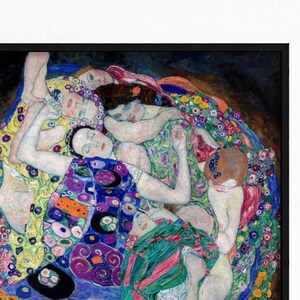 May include: A framed art print featuring a dense composition of multiple figures intertwined in a reclining position. The figures are surrounded by vibrant, colourful floral patterns and abstract shapes in shades of blue, green, yellow, and purple.