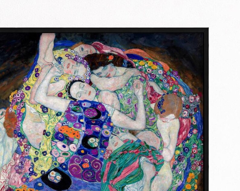 May include: A framed art print featuring a dense composition of multiple figures intertwined in a reclining position. The figures are surrounded by vibrant, colourful floral patterns and abstract shapes in shades of blue, green, yellow, and purple.
