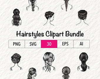 30 Hairstyle Clipart Bundle - All types of hair, Long hair, Short hair, Curly hair, Straight hair. Vector, SVG, PNG, Transparent